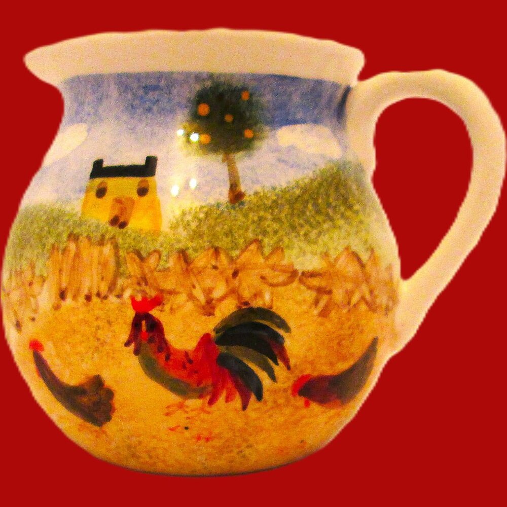 Country living, ceramic cream pitcher with rooster, chickens, home & barn